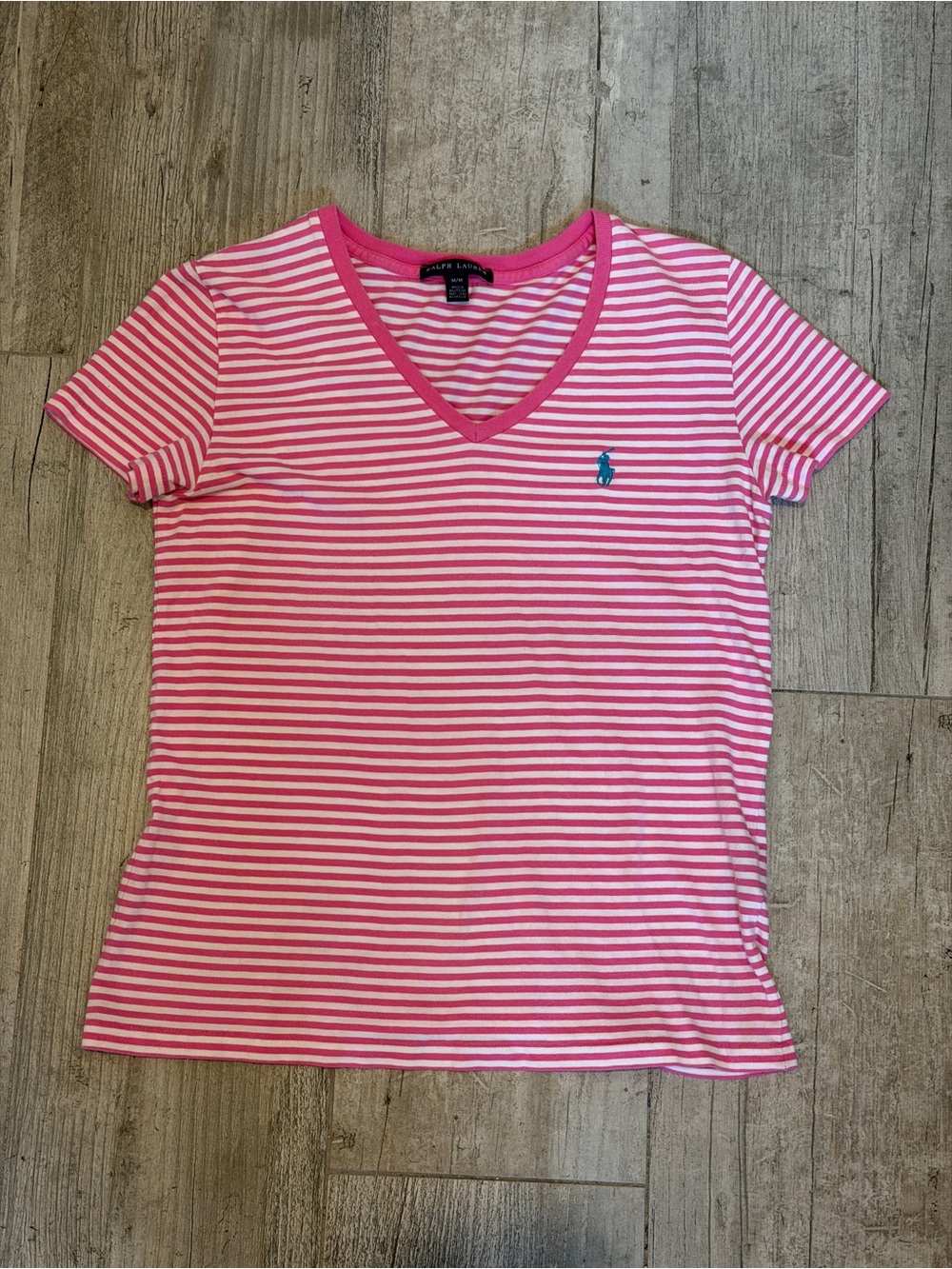 Ralph Lauren Striped 100% Cotton Pink V-Neck TShirt w/Teal blue pony